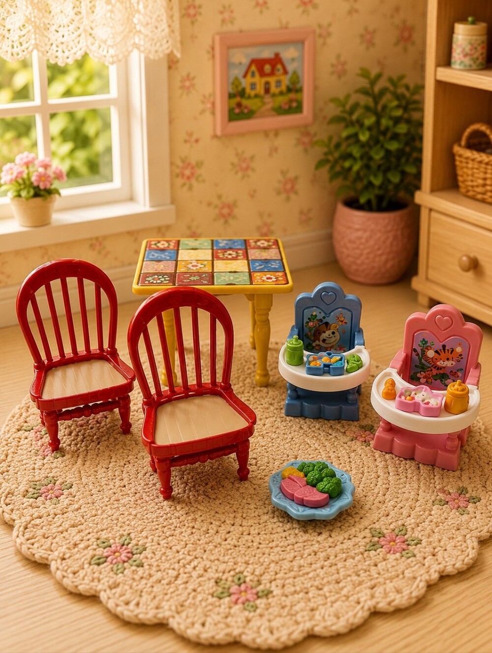 Fisher-Price Loving Family Dining Room Set Table Chairs High Chairs Food Access